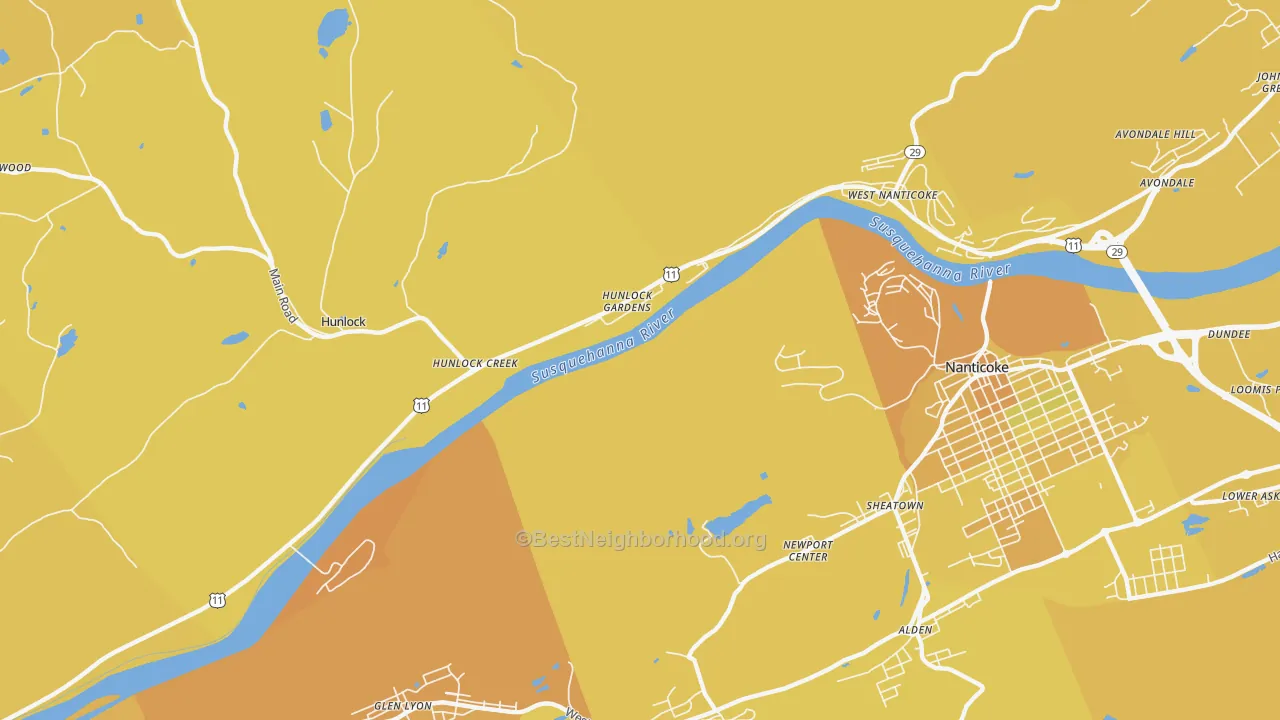 Map of the best neighborhoods in the Hunlock Gardens area, with better matches in green and worse matches in red