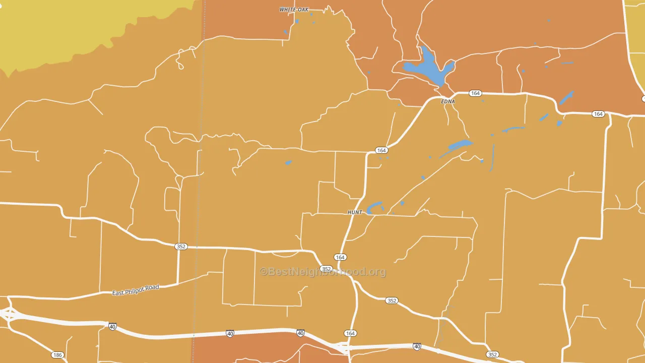 Map of the best neighborhoods in the Hunt area, with better matches in green and worse matches in red