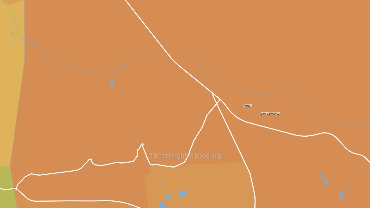 Map of the best neighborhoods in the Hunt area, with better matches in green and worse matches in red