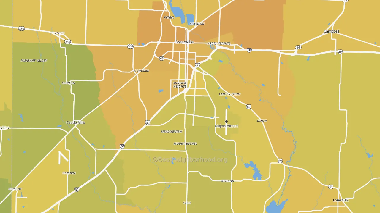 Map of the best neighborhoods in the Hunt County area, with better matches in green and worse matches in red