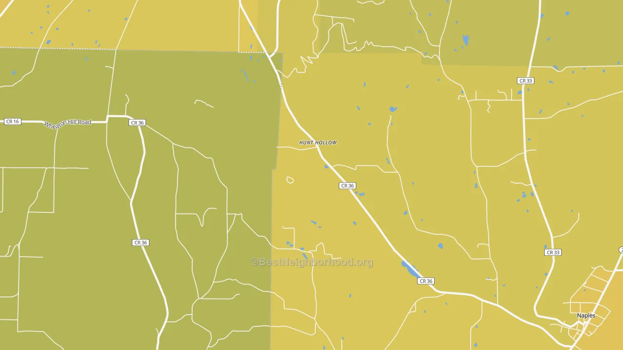 Map of the best neighborhoods in the Hunt Hollow area, with better matches in green and worse matches in red