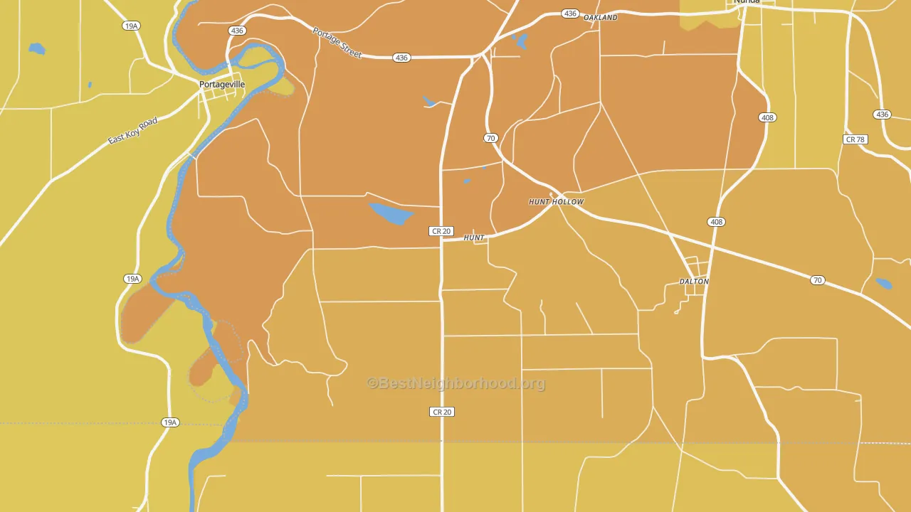 Map of the best neighborhoods in the Hunt area, with better matches in green and worse matches in red