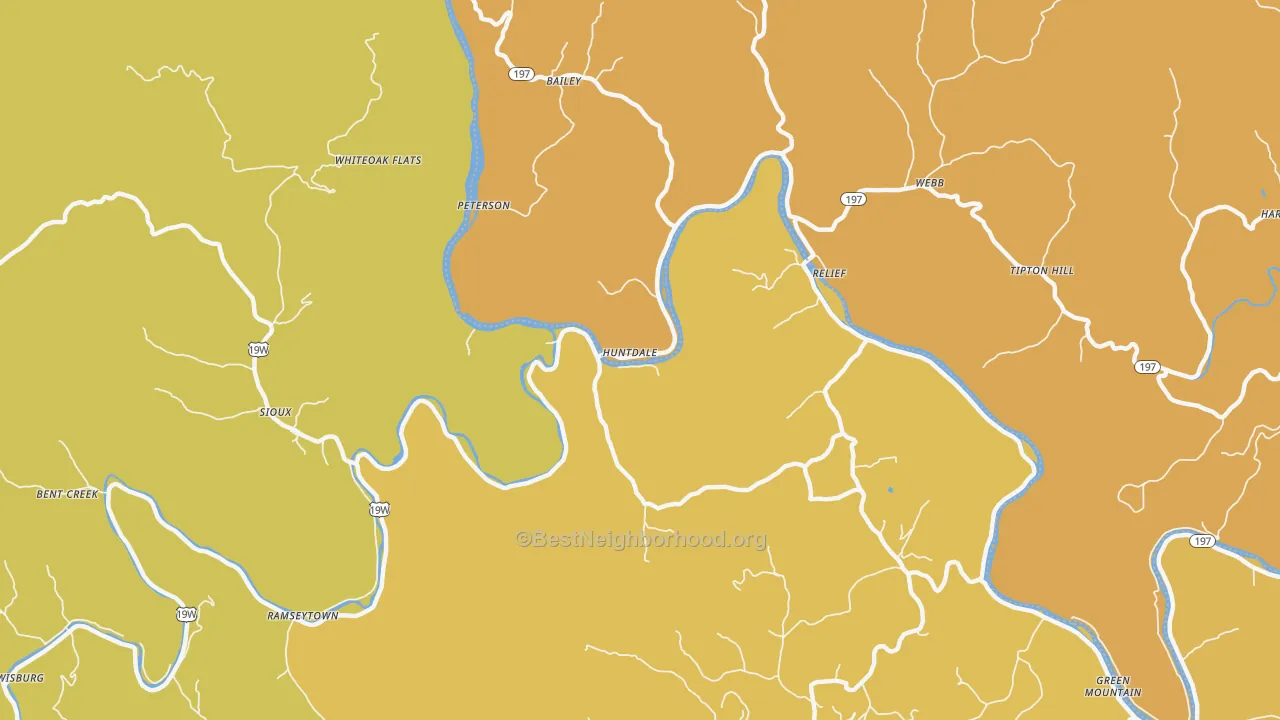 Map of the best neighborhoods in the Huntdale area, with better matches in green and worse matches in red