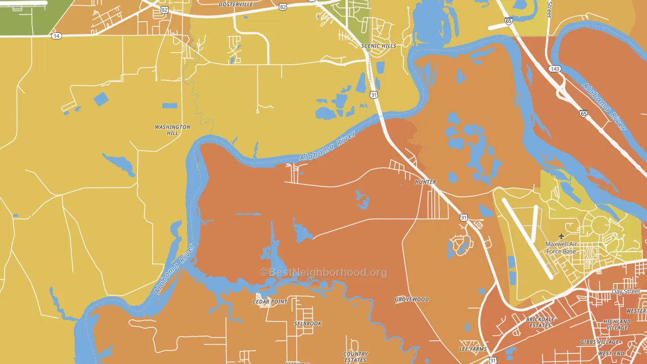 Map of the best neighborhoods in the Hunter area, with better matches in green and worse matches in red