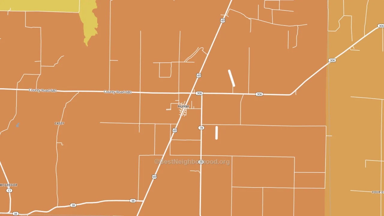 Map of the best neighborhoods in the Hunter area, with better matches in green and worse matches in red
