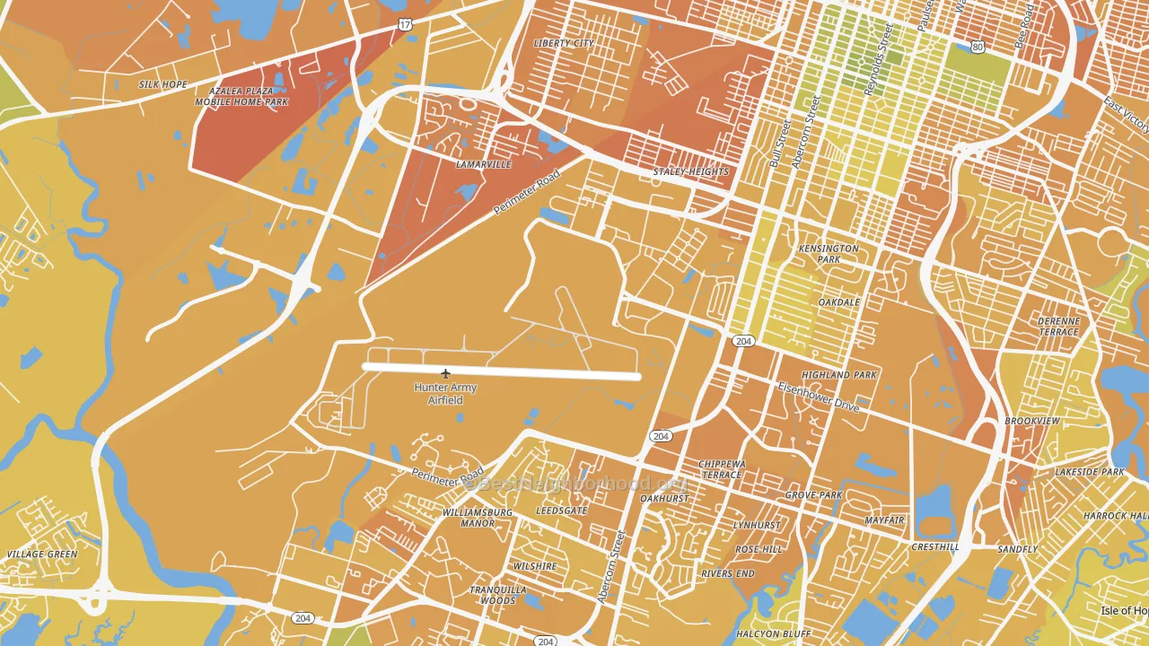 Map of the best neighborhoods in the Hunter Army Airfield, Savannah area, with better matches in green and worse matches in red