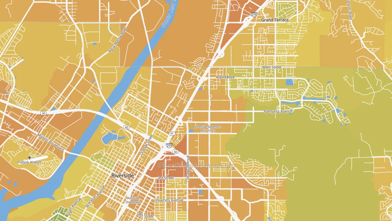 Map of the best neighborhoods in the Hunter Industrial Park, Riverside area, with better matches in green and worse matches in red