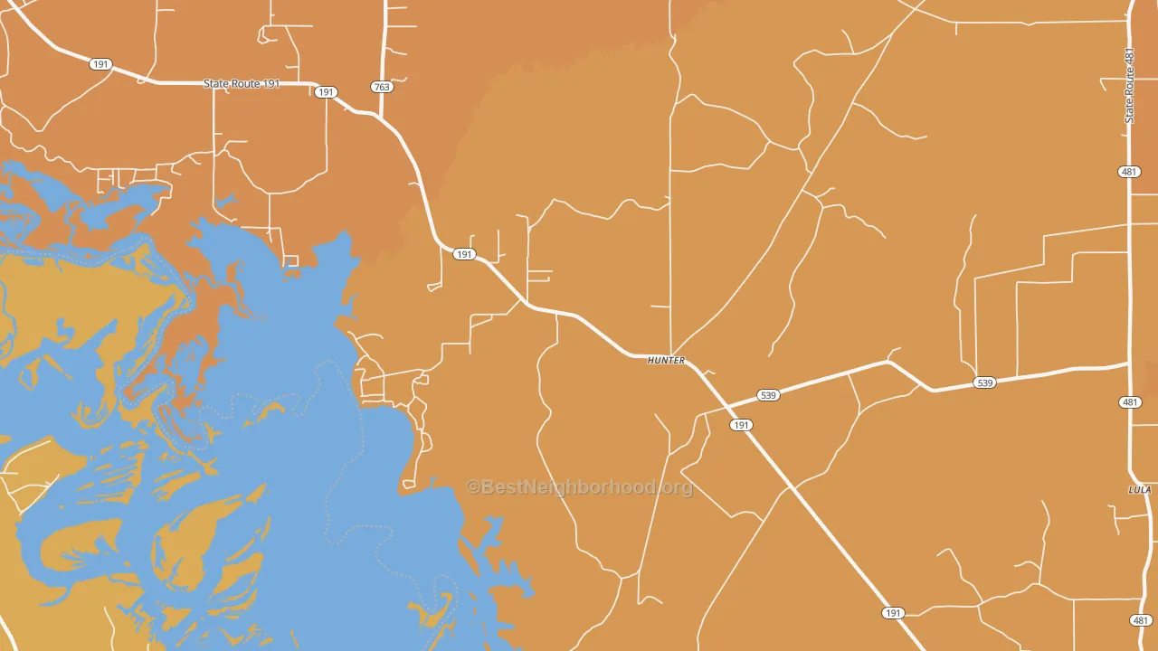 Map of the best neighborhoods in the Hunter area, with better matches in green and worse matches in red