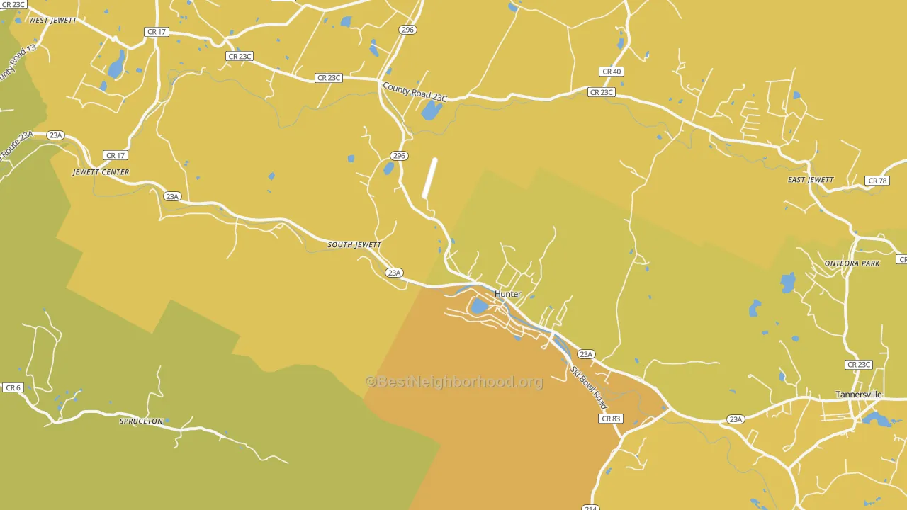 Map of the best neighborhoods in the Hunter area, with better matches in green and worse matches in red