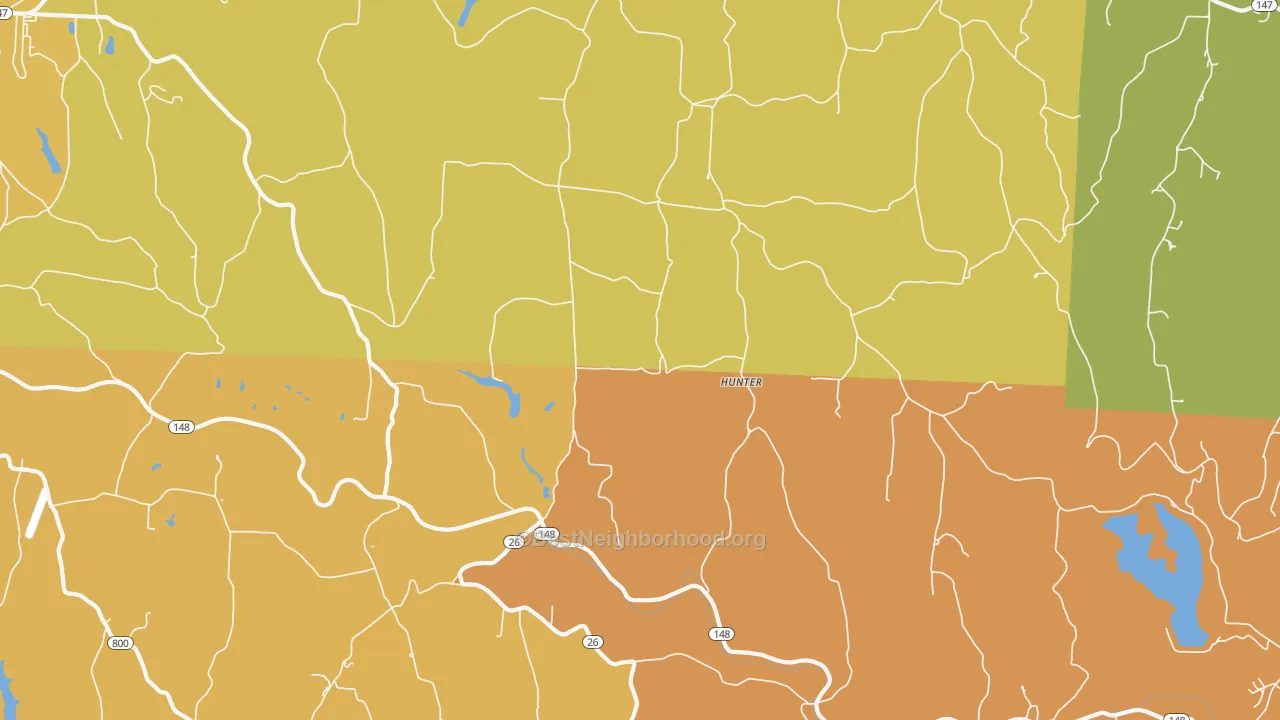 Map of the best neighborhoods in the Hunter area, with better matches in green and worse matches in red