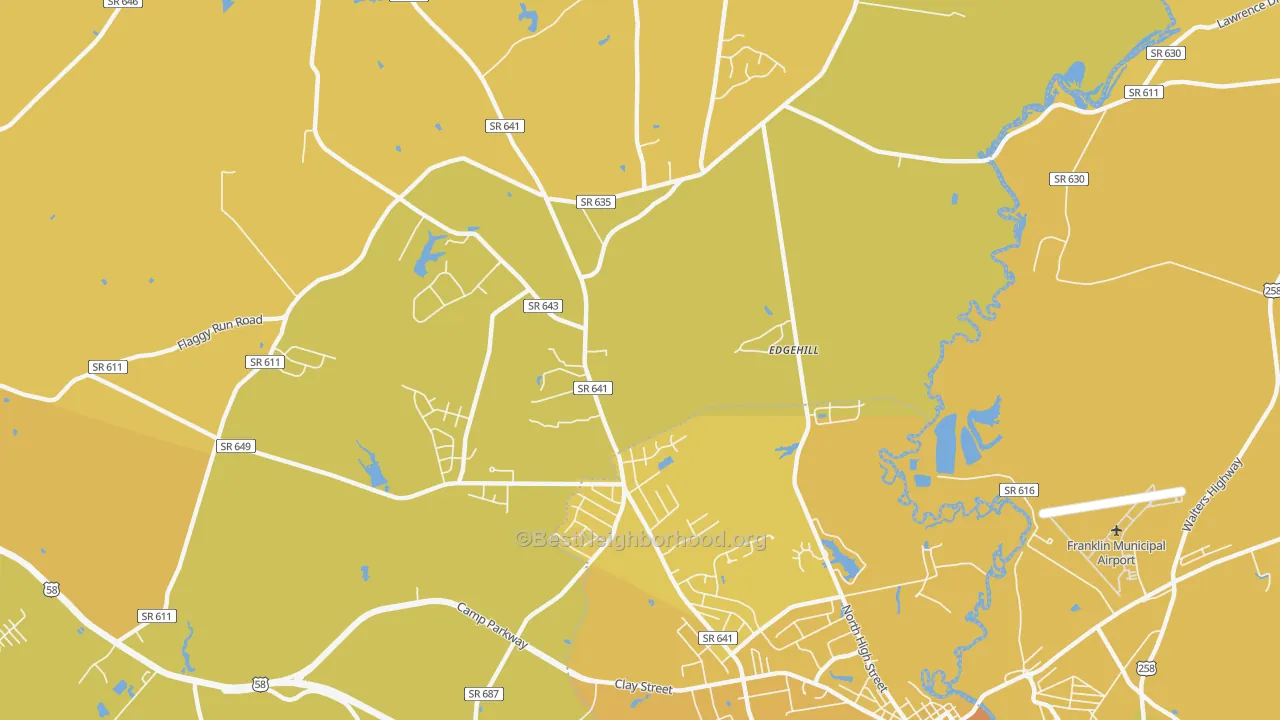 Map of the best neighborhoods in the Hunterdale area, with better matches in green and worse matches in red