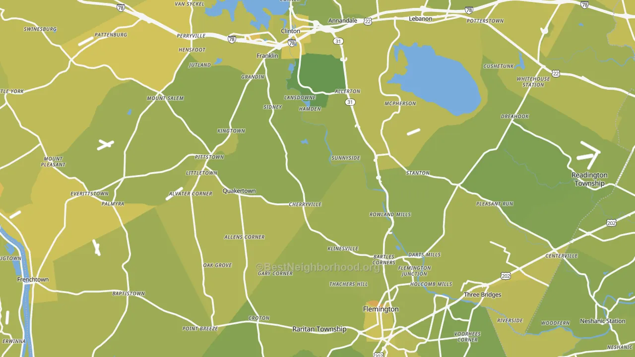 Map of the best neighborhoods in the Hunterdon County area, with better matches in green and worse matches in red