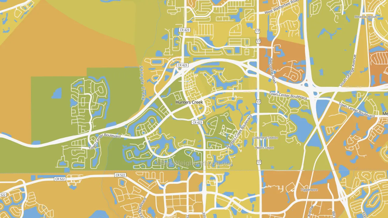 Map of the best neighborhoods in the Hunters Creek area, with better matches in green and worse matches in red