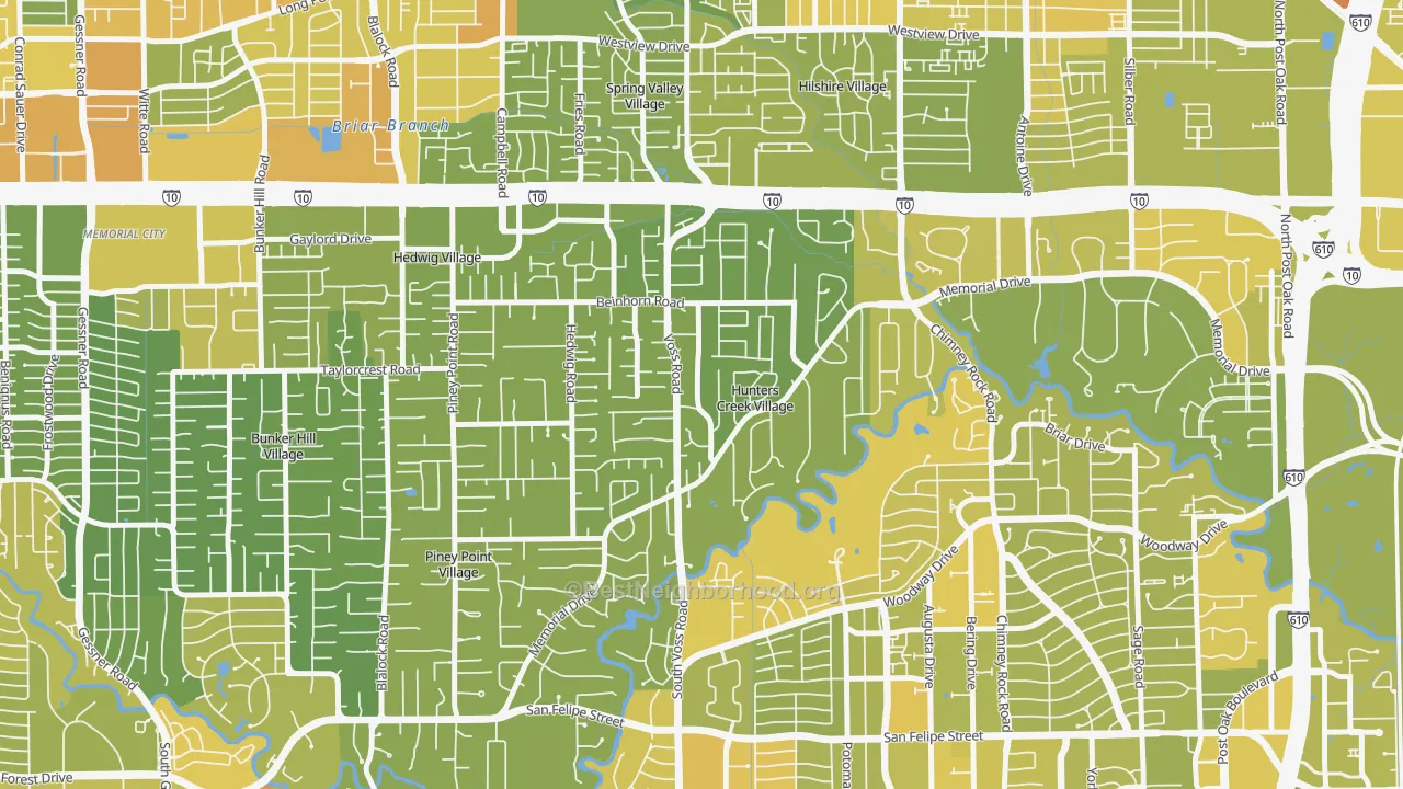 Map of the best neighborhoods in the Hunters Creek Village area, with better matches in green and worse matches in red