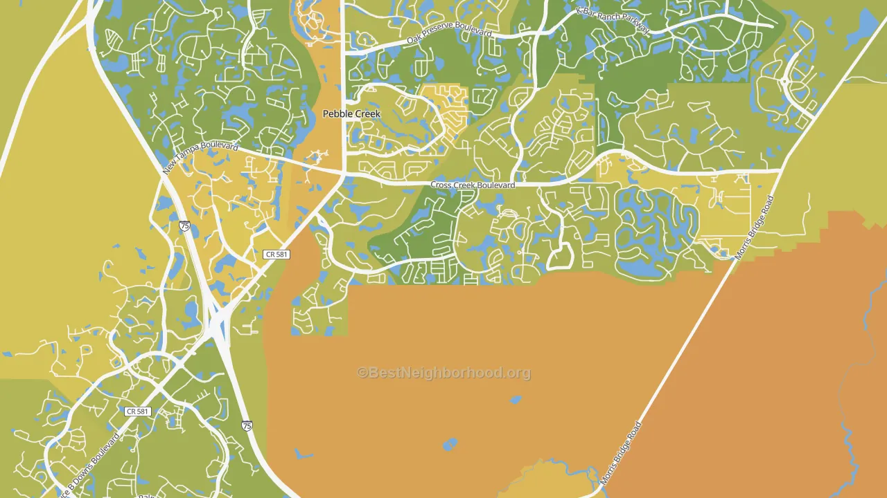 Map of the best neighborhoods in the Hunters Green, Tampa area, with better matches in green and worse matches in red