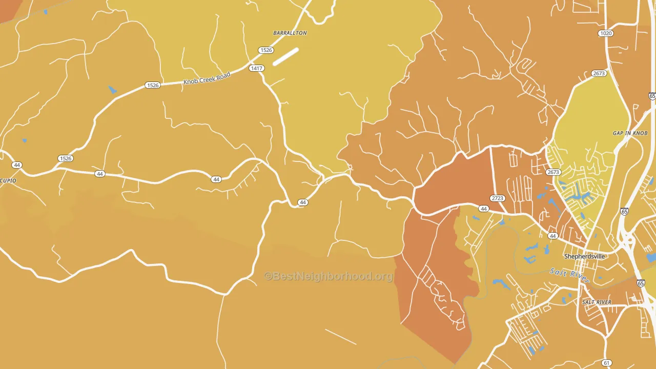 Map of the best neighborhoods in the Hunters Hlw area, with better matches in green and worse matches in red