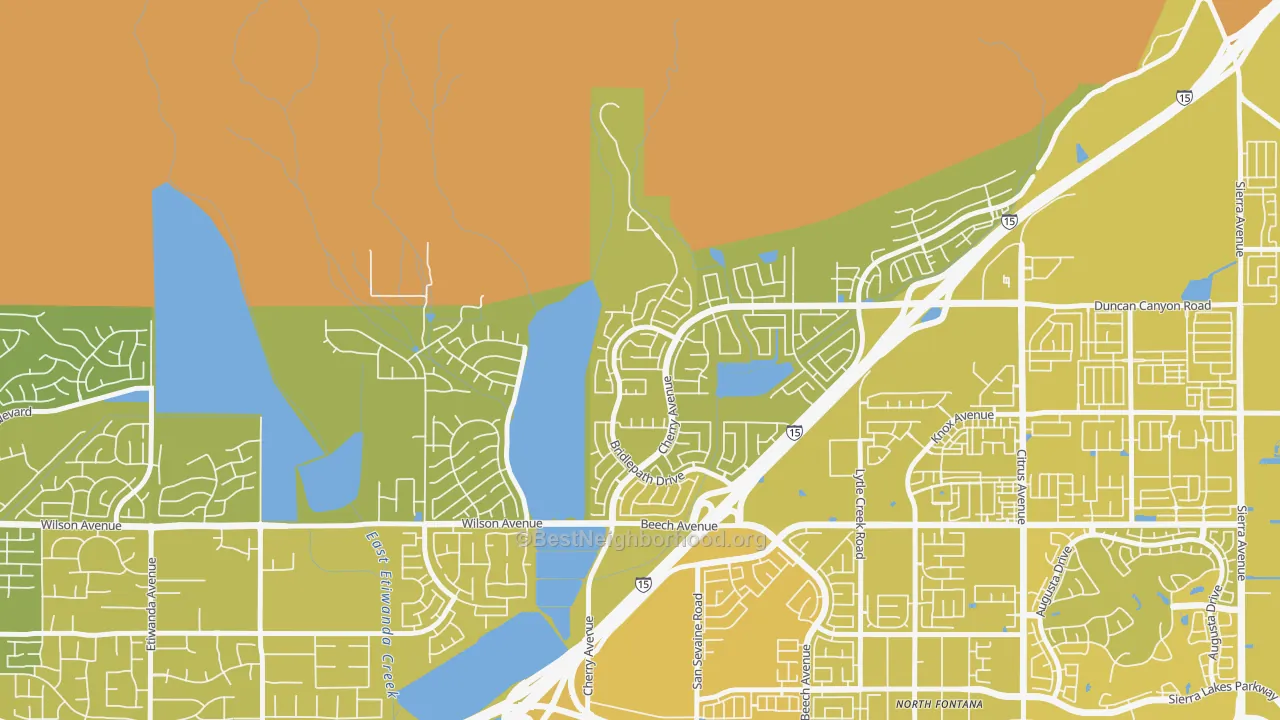 Map of the best neighborhoods in the Hunter's Ridge, Fontana area, with better matches in green and worse matches in red