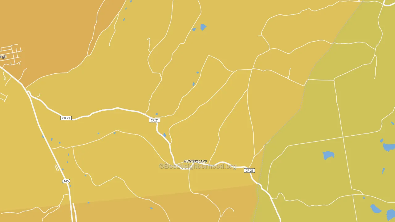 Map of the best neighborhoods in the Huntersland area, with better matches in green and worse matches in red