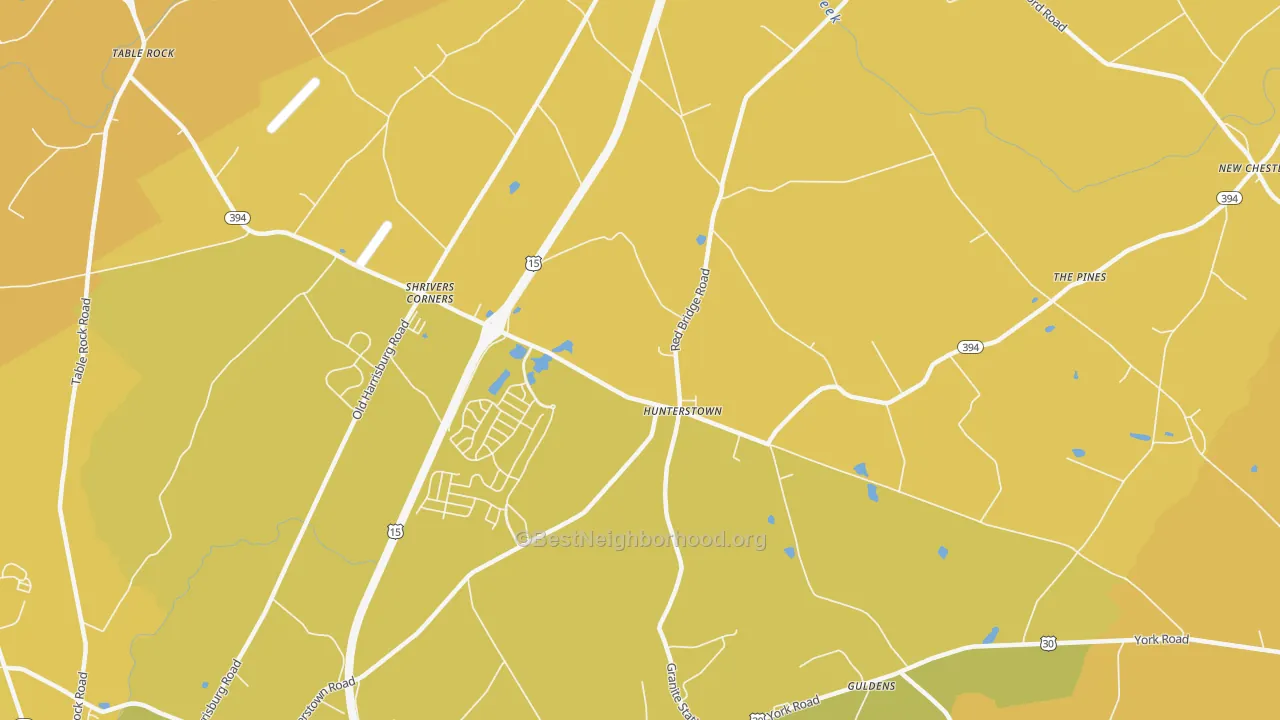 Map of the best neighborhoods in the Hunterstown area, with better matches in green and worse matches in red