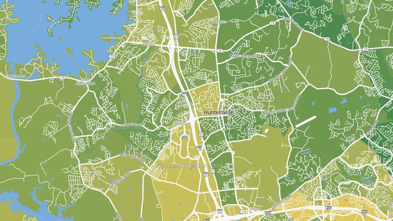 Map of the best neighborhoods in the Huntersville area, with better matches in green and worse matches in red