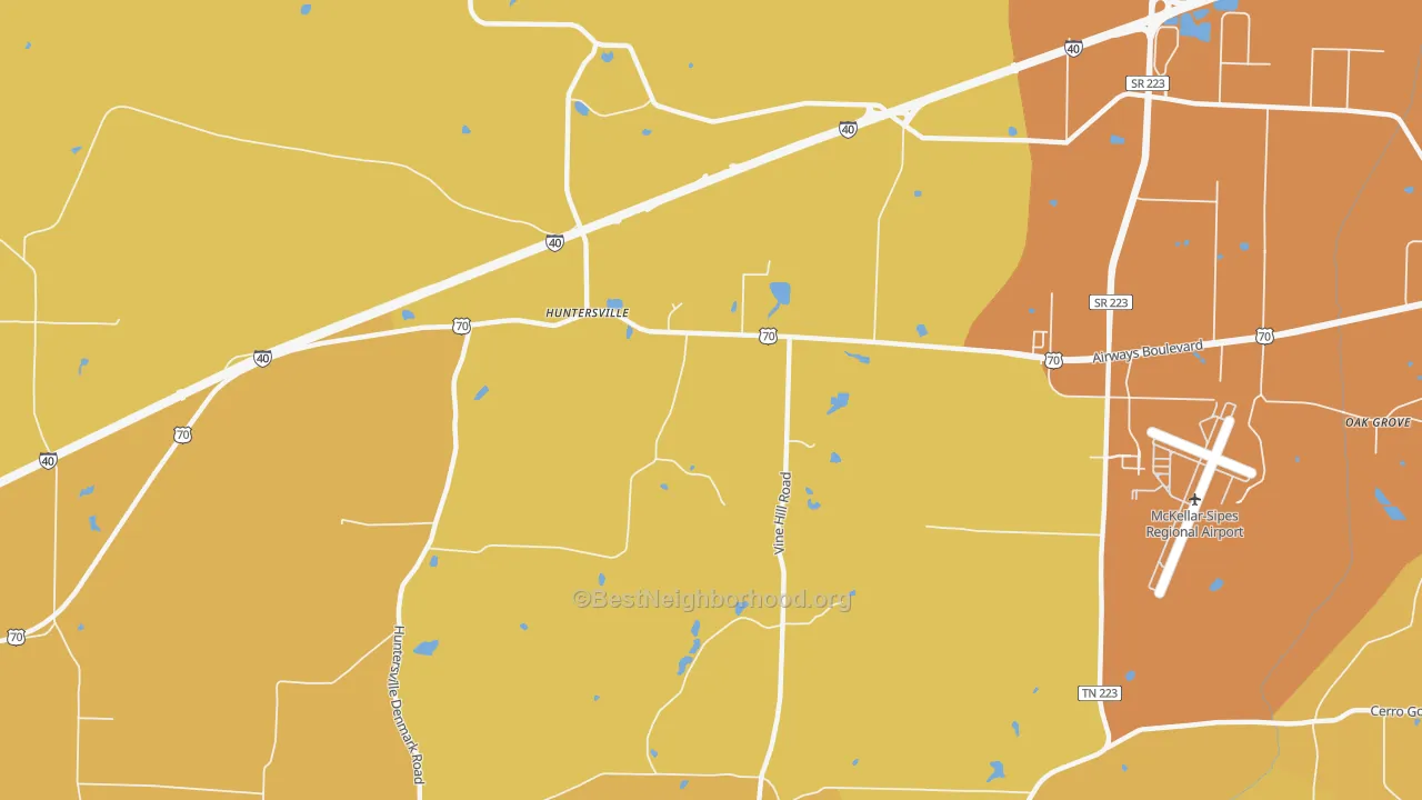 Map of the best neighborhoods in the Huntersville area, with better matches in green and worse matches in red