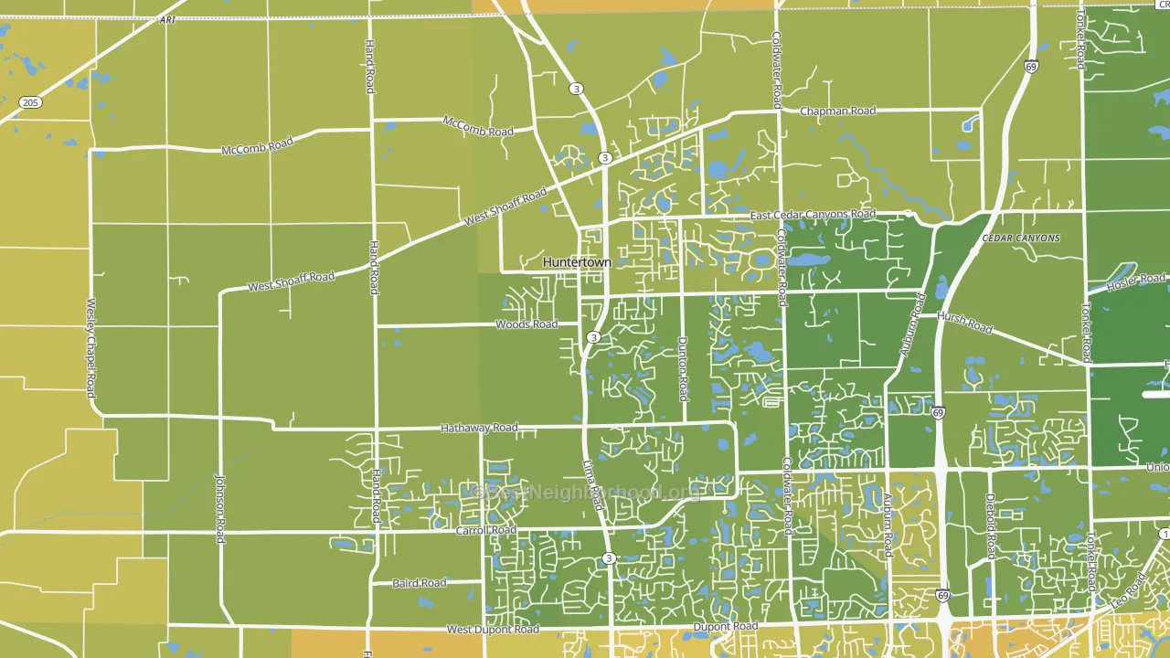 Map of the best neighborhoods in the Huntertown area, with better matches in green and worse matches in red