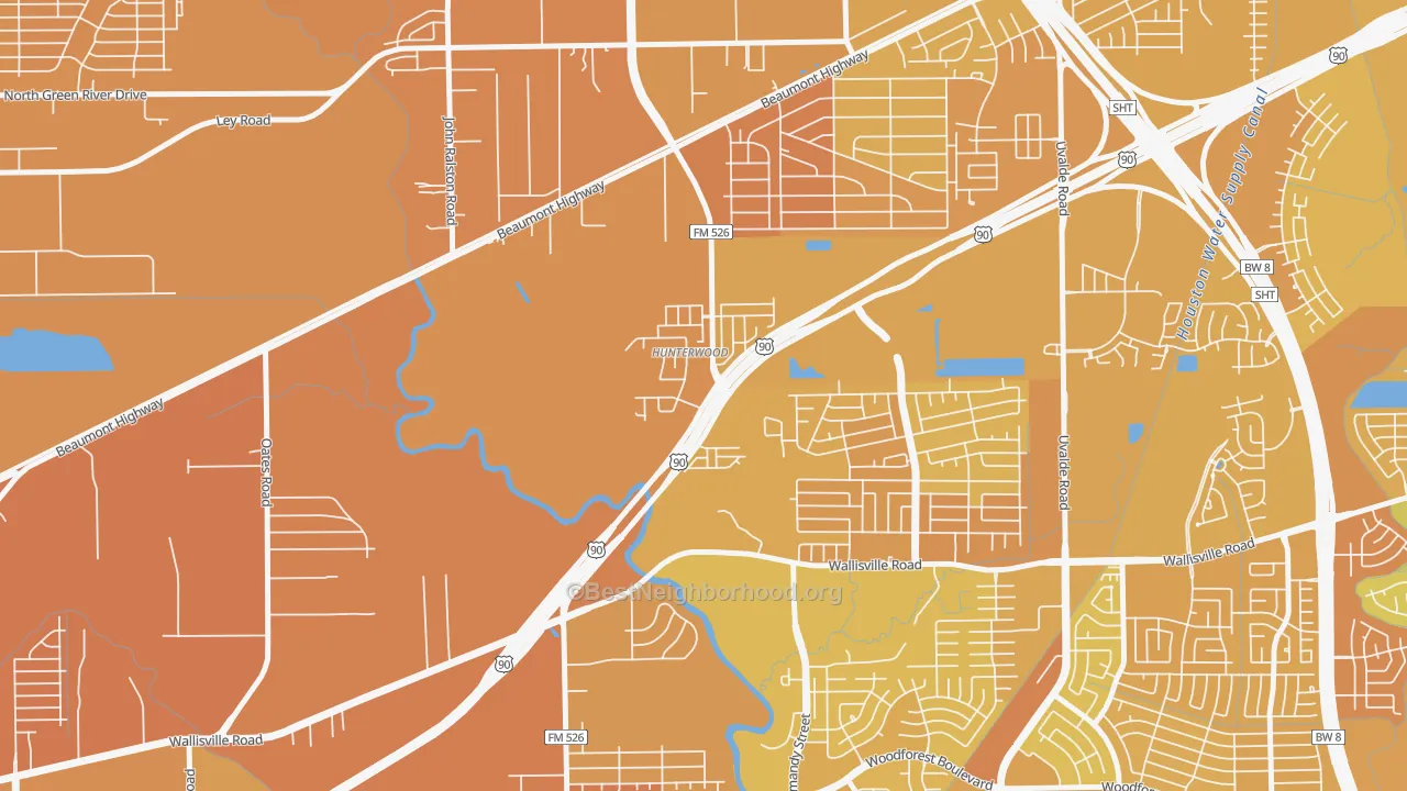 Map of the best neighborhoods in the Hunterwood, Houston area, with better matches in green and worse matches in red