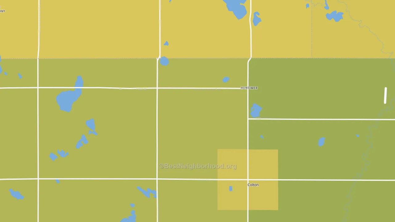 Map of the best neighborhoods in the Huntimer area, with better matches in green and worse matches in red
