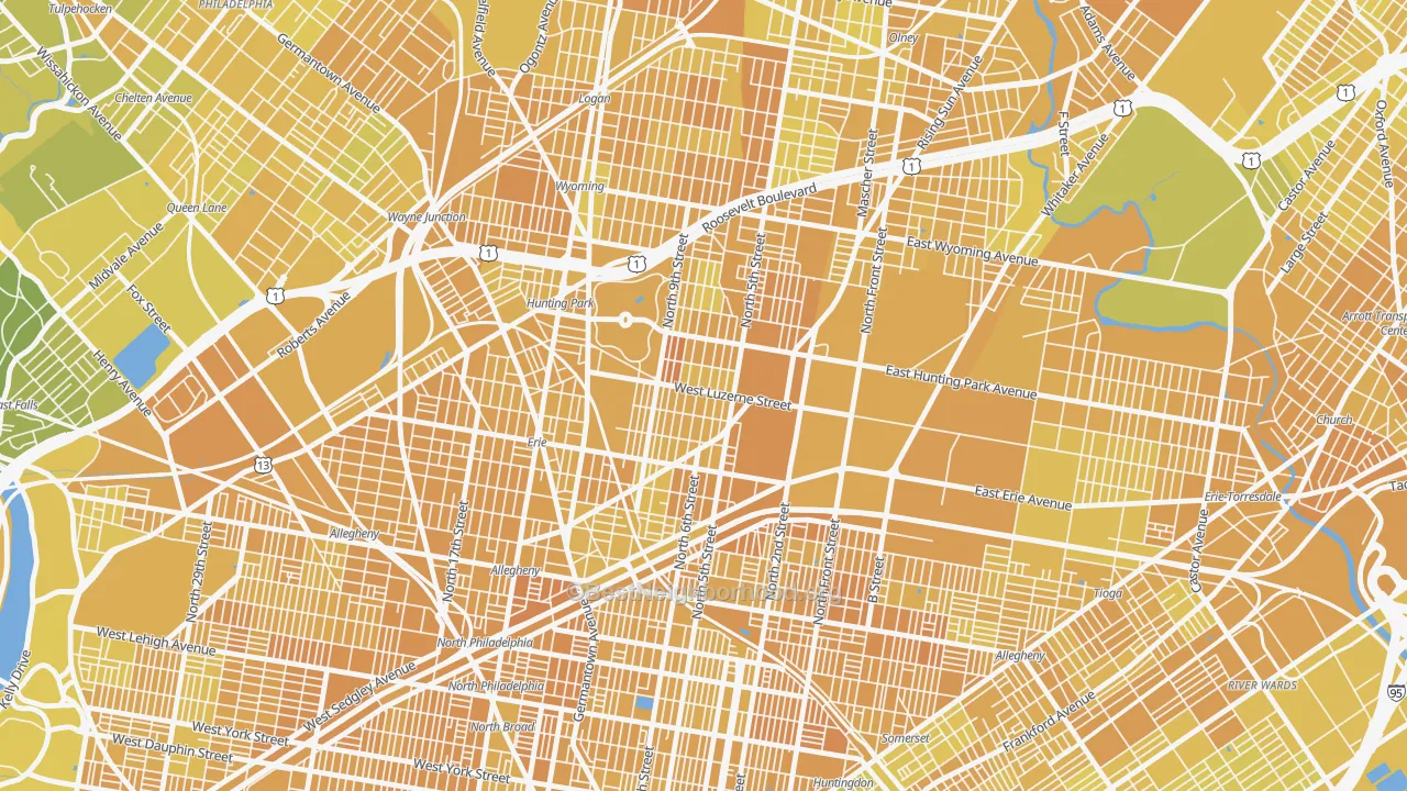 Map of the best neighborhoods in the Hunting Park, Philadelphia area, with better matches in green and worse matches in red