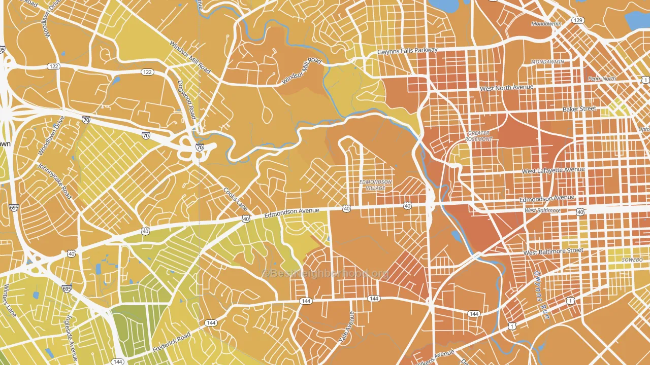 Map of the best neighborhoods in the Hunting Ridge, Baltimore area, with better matches in green and worse matches in red