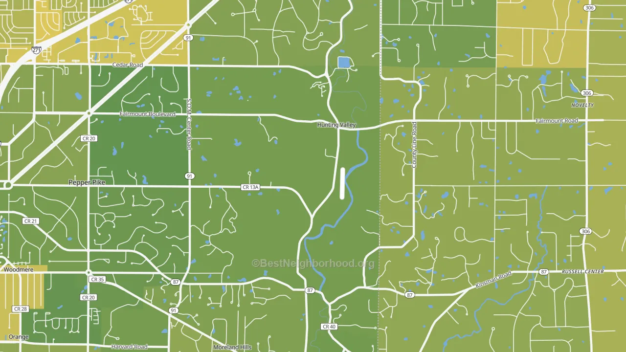 Map of the best neighborhoods in the Hunting Valley area, with better matches in green and worse matches in red