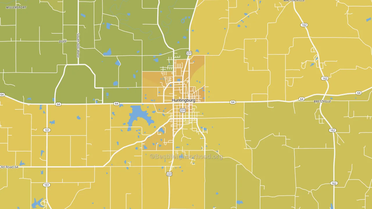 Map of the best neighborhoods in the Huntingburg area, with better matches in green and worse matches in red