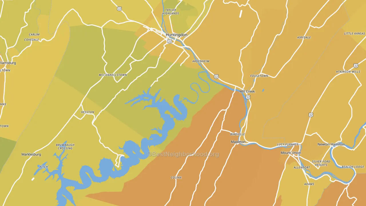 Map of the best neighborhoods in the Huntingdon County area, with better matches in green and worse matches in red
