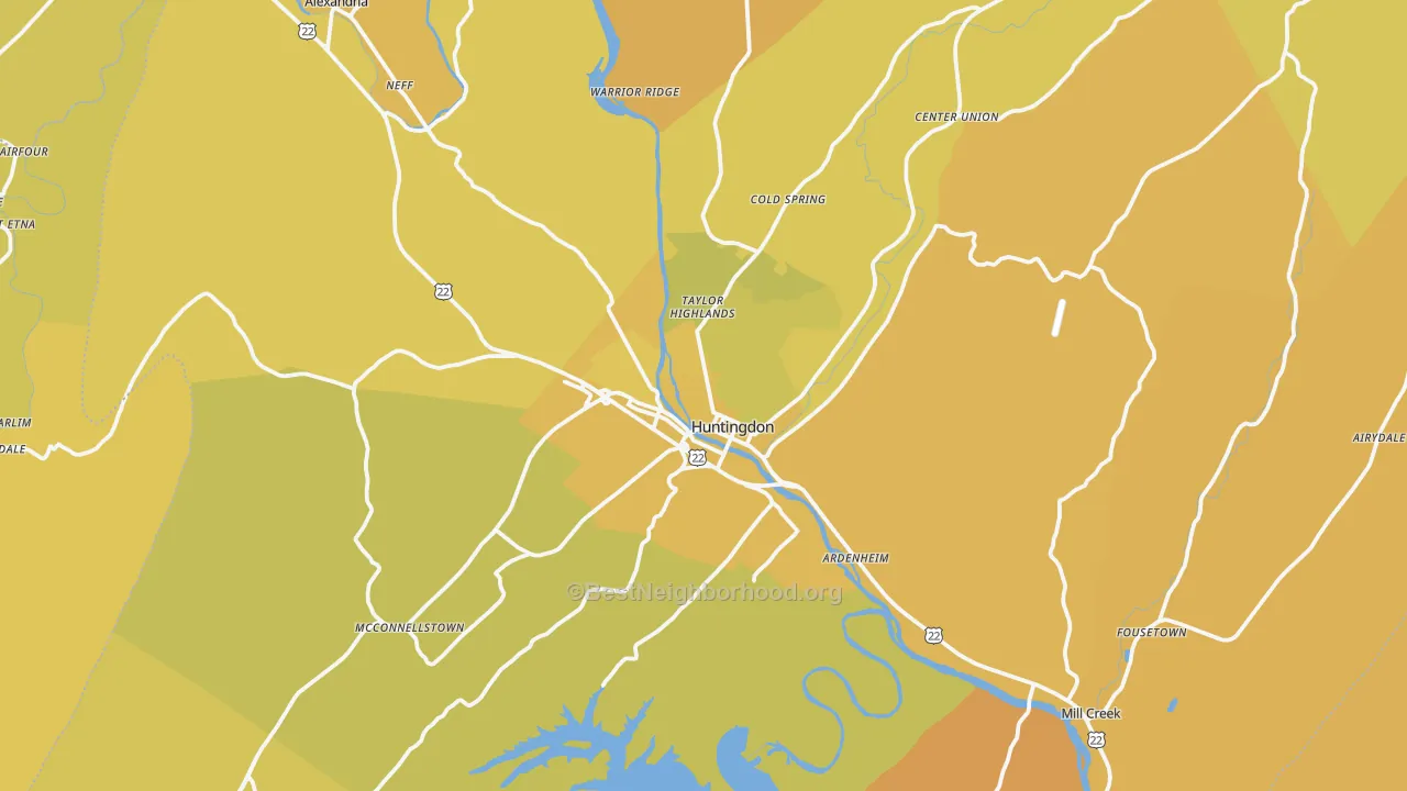 Map of the best neighborhoods in the Huntingdon area, with better matches in green and worse matches in red