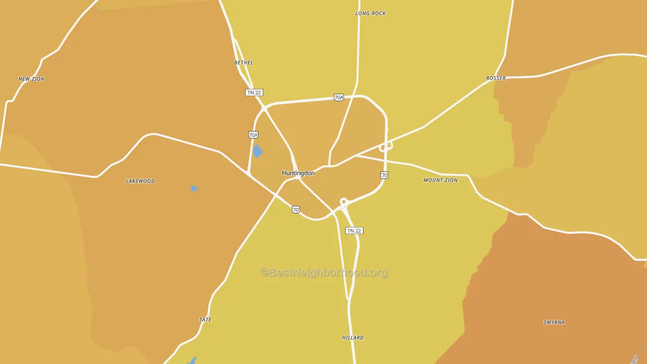 Map of the best neighborhoods in the Huntingdon area, with better matches in green and worse matches in red
