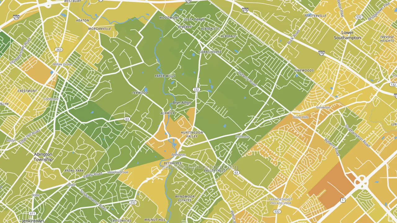 Map of the best neighborhoods in the Huntingdon Valley area, with better matches in green and worse matches in red