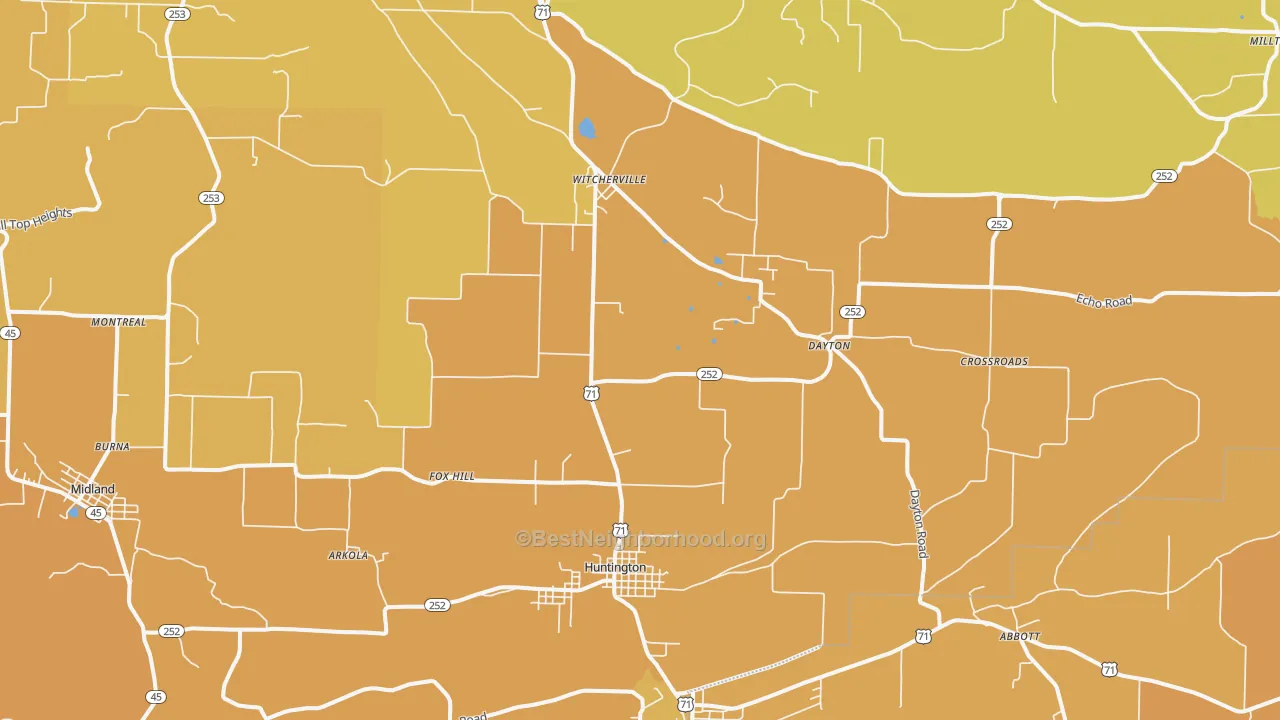 Map of the best neighborhoods in the Huntington area, with better matches in green and worse matches in red