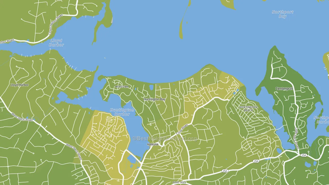 Map of the best neighborhoods in the Huntington Bay area, with better matches in green and worse matches in red