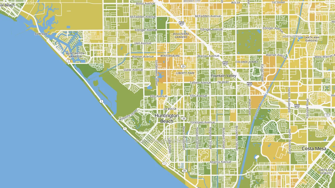 Map of the best neighborhoods in the Huntington Beach area, with better matches in green and worse matches in red
