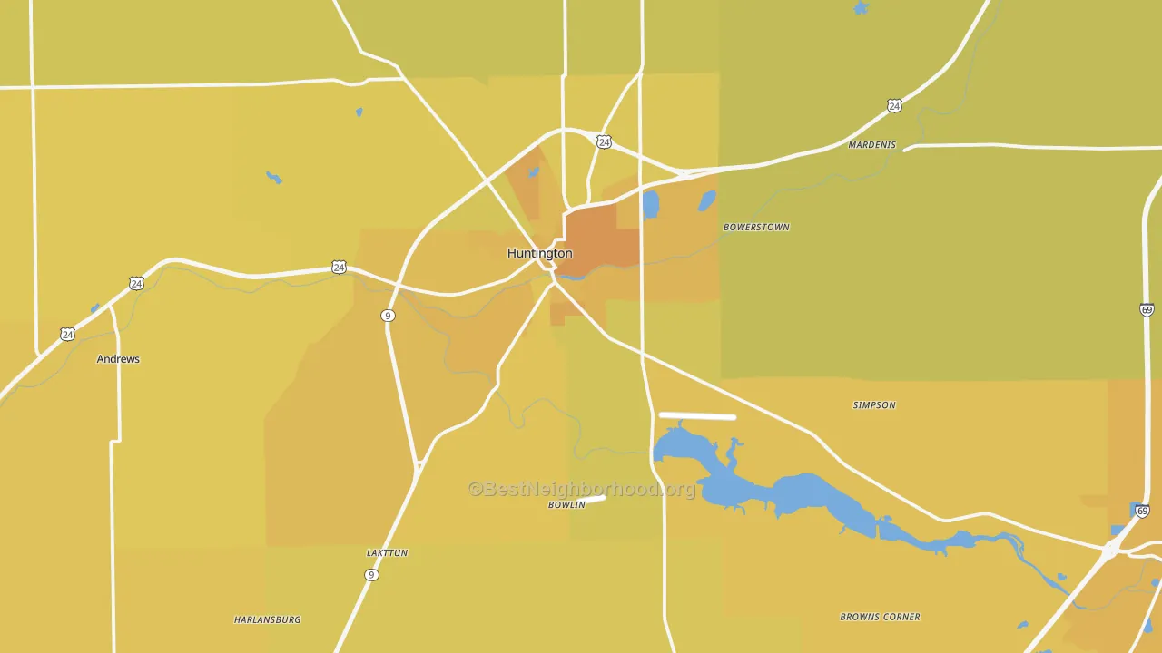 Map of the best neighborhoods in the Huntington County area, with better matches in green and worse matches in red