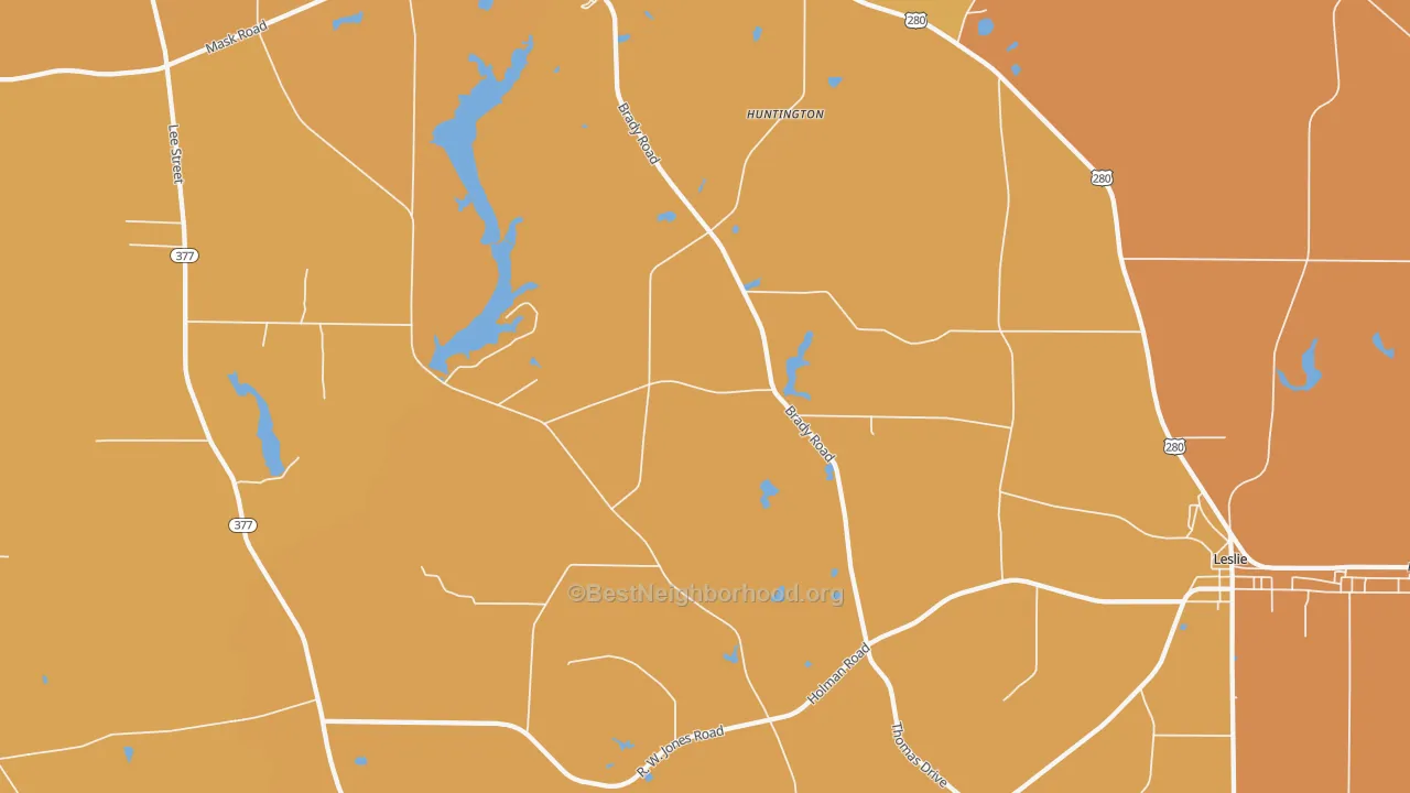 Map of the best neighborhoods in the Huntington area, with better matches in green and worse matches in red