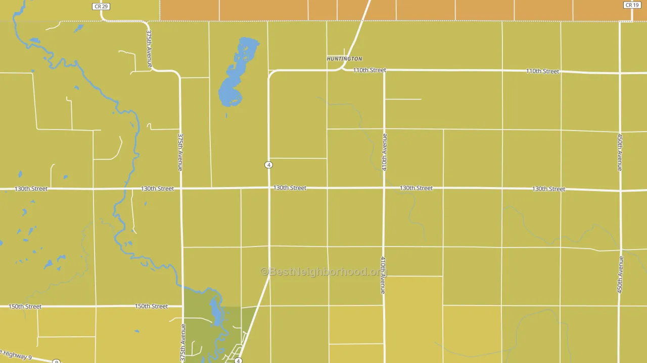 Map of the best neighborhoods in the Huntington area, with better matches in green and worse matches in red
