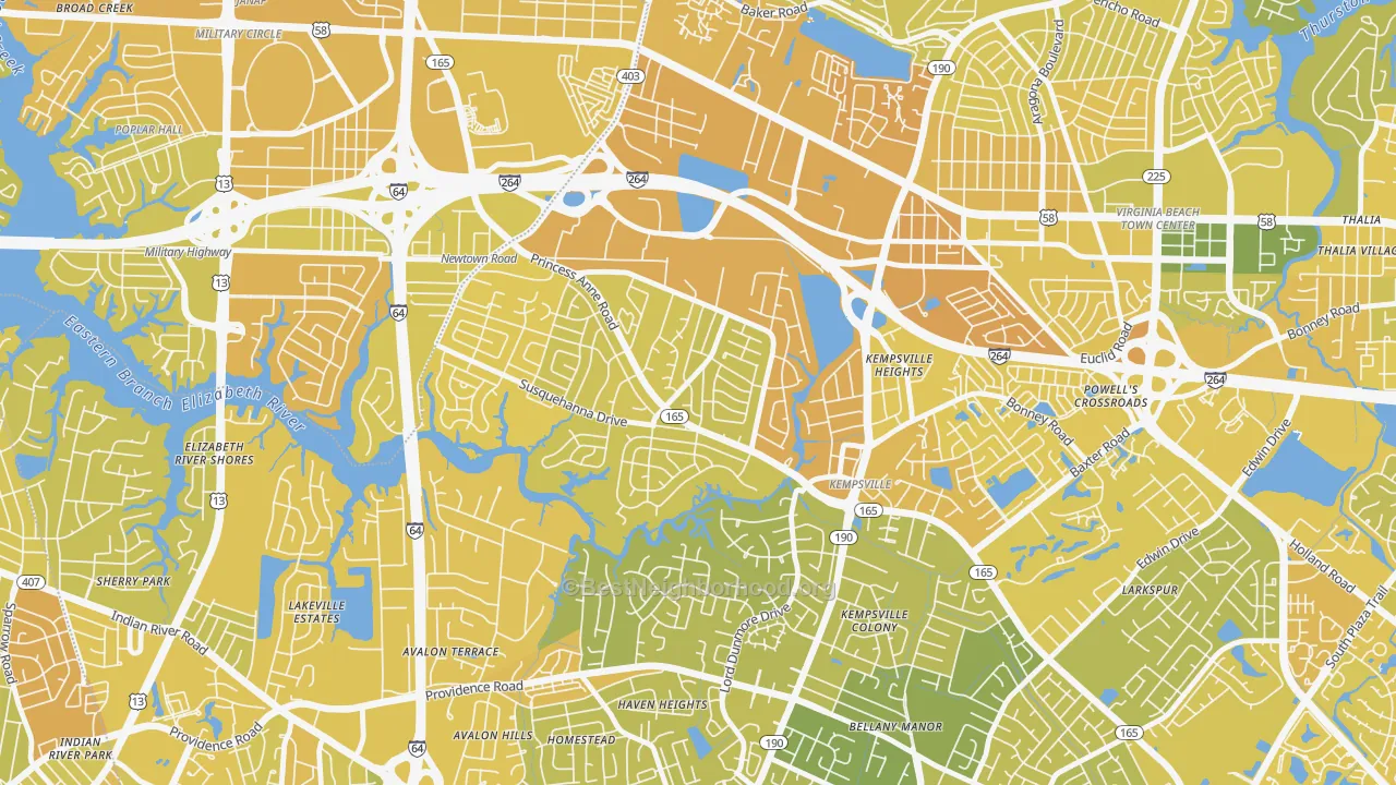 Map of the best neighborhoods in the Huntington-Jefferson, Virginia Beach area, with better matches in green and worse matches in red