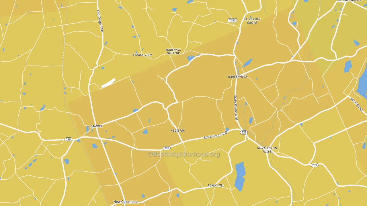 Map of the best neighborhoods in the Huntington Mills area, with better matches in green and worse matches in red