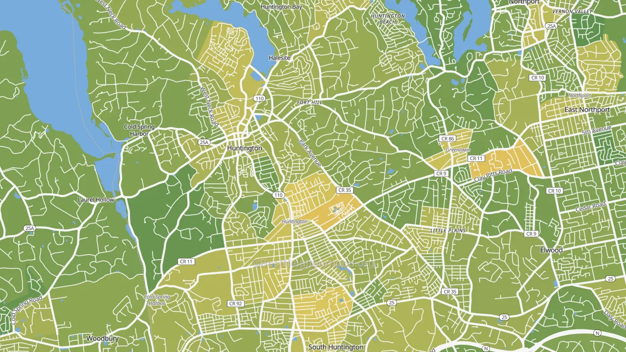 Map of the best neighborhoods in the Huntington area, with better matches in green and worse matches in red