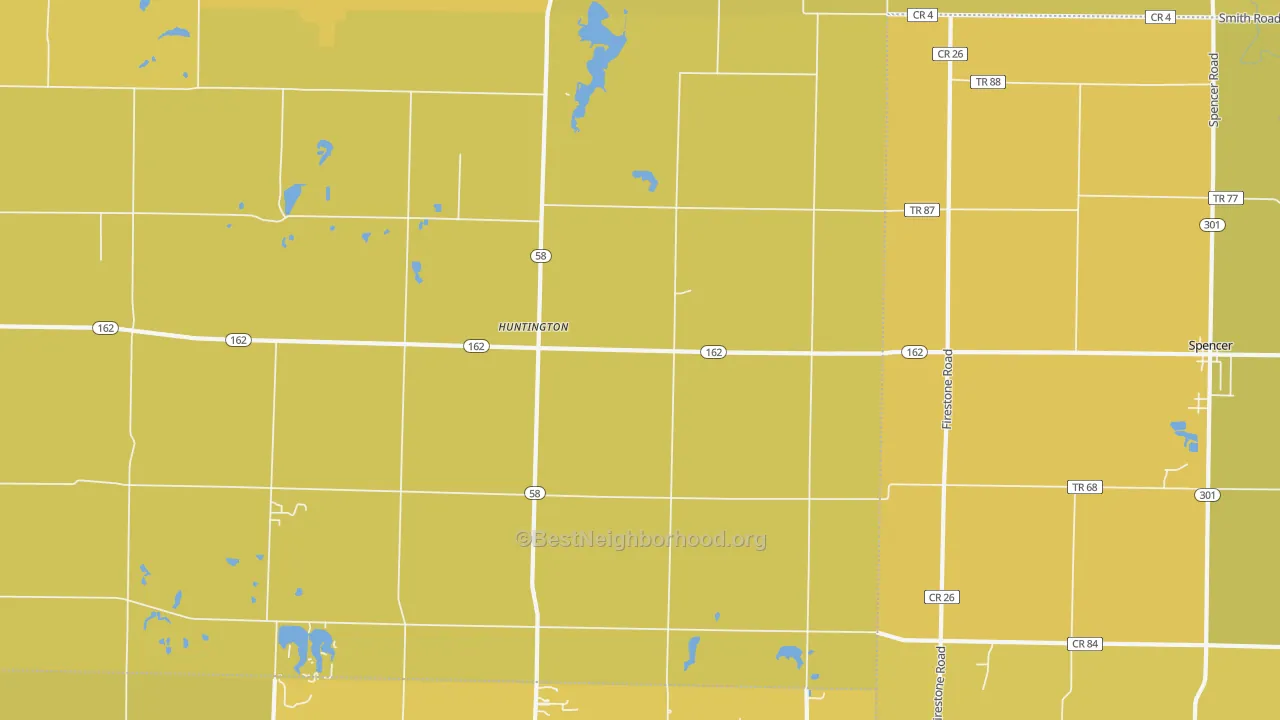 Map of the best neighborhoods in the Huntington area, with better matches in green and worse matches in red