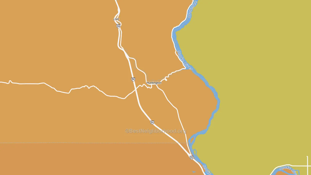 Map of the best neighborhoods in the Huntington area, with better matches in green and worse matches in red