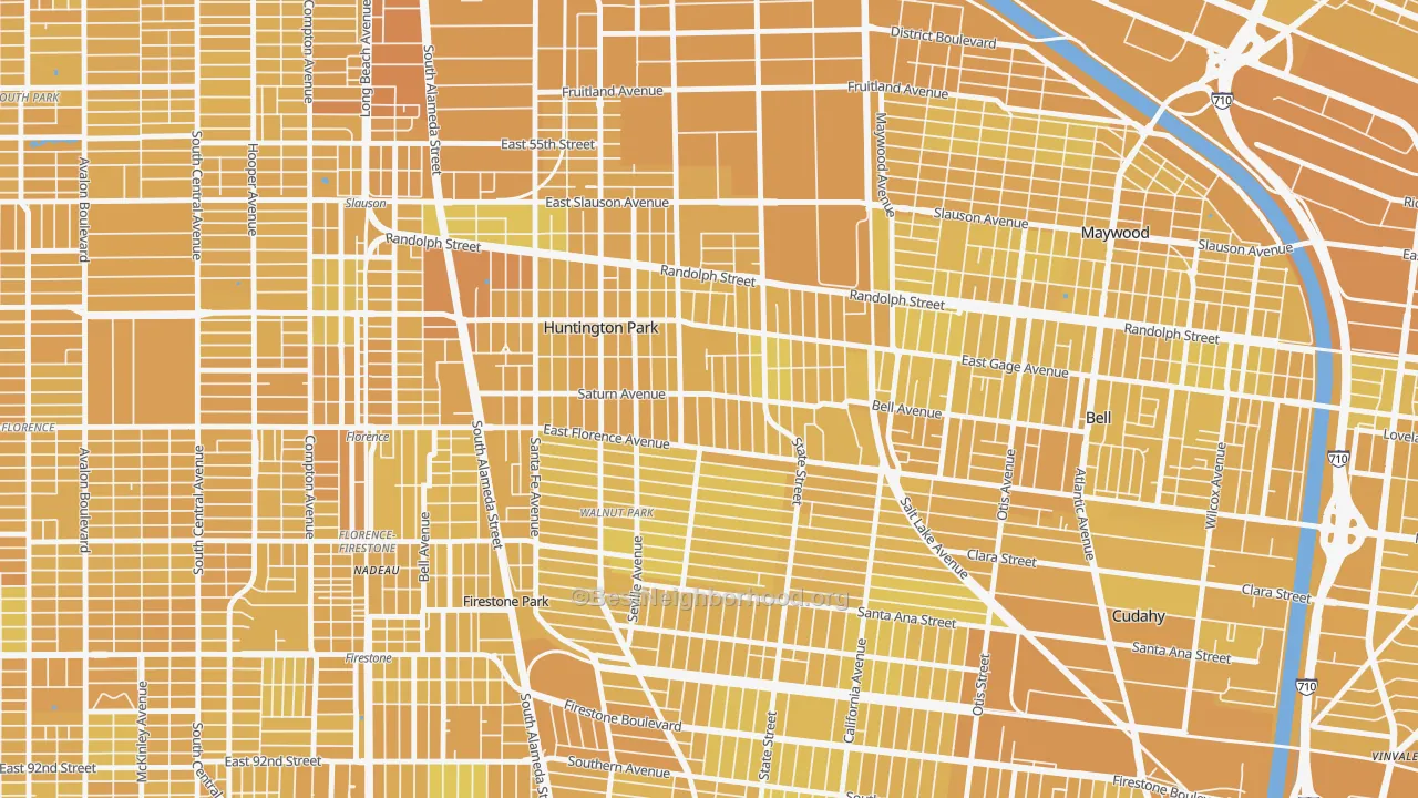 Map of the best neighborhoods in the Huntington Park area, with better matches in green and worse matches in red