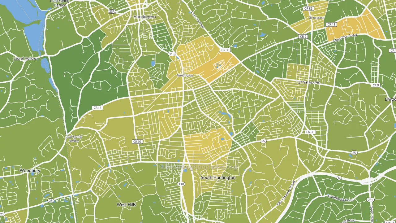 Map of the best neighborhoods in the Huntington Station area, with better matches in green and worse matches in red