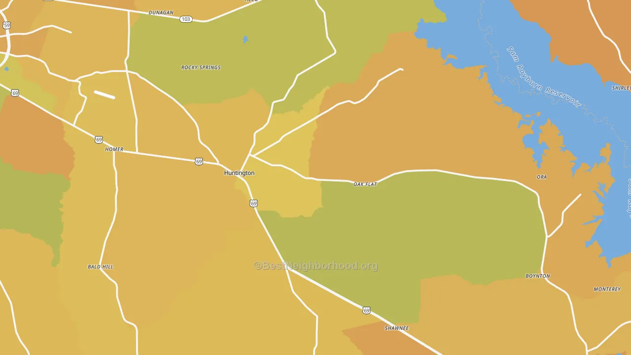 Map of the best neighborhoods in the Huntington area, with better matches in green and worse matches in red